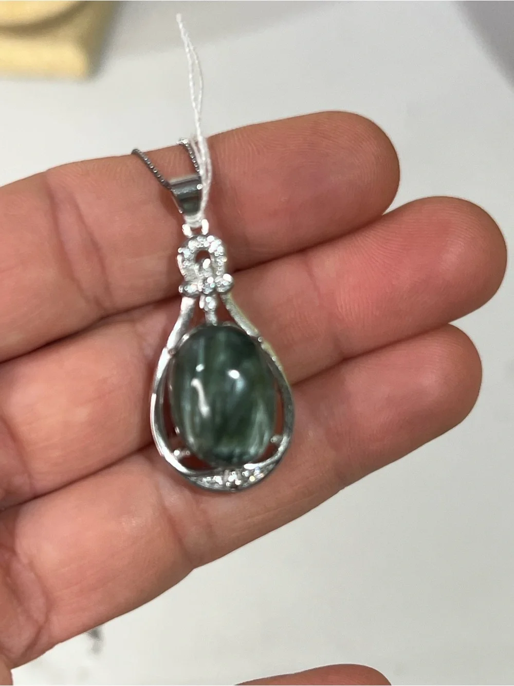 Silver-Tone Green SeraphiniteCabochon Pendant Necklace - Elegant Women's Jewelry